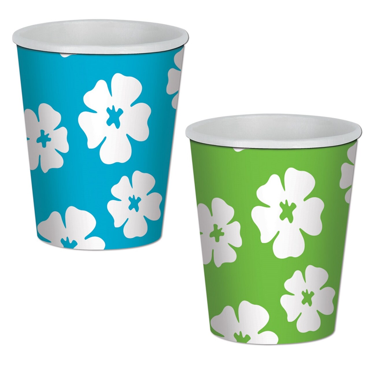 Party Central Club Pack of 96 Blue and Green Hibiscus Disposable Paper Drinking Party Tumbler Cups 9 oz.